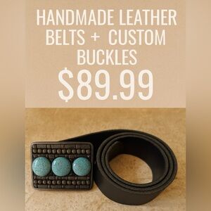 Black Leather Belt with Turquoise Buckle